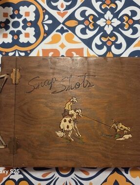 Vintage Wooden "Snap Shots" Photo Album with Western Motif Hinged Leather Strap